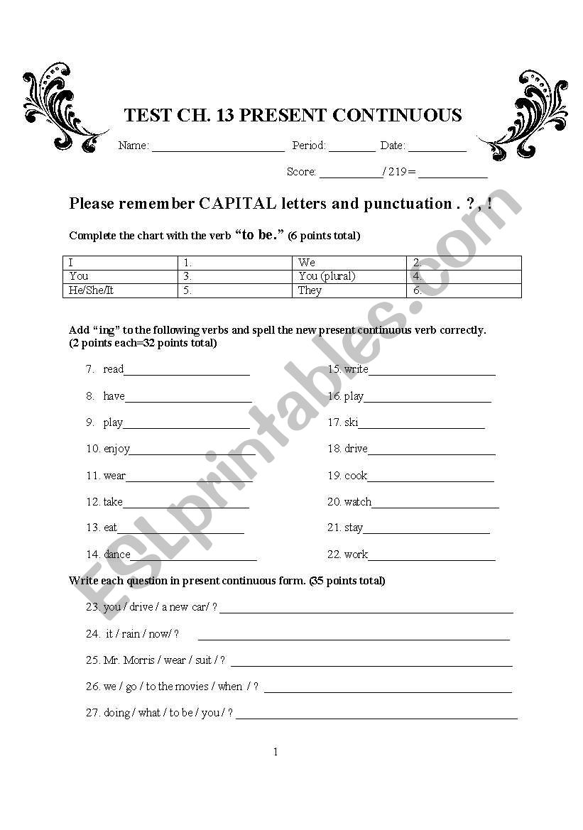 Present Continuous Present Progressive Test