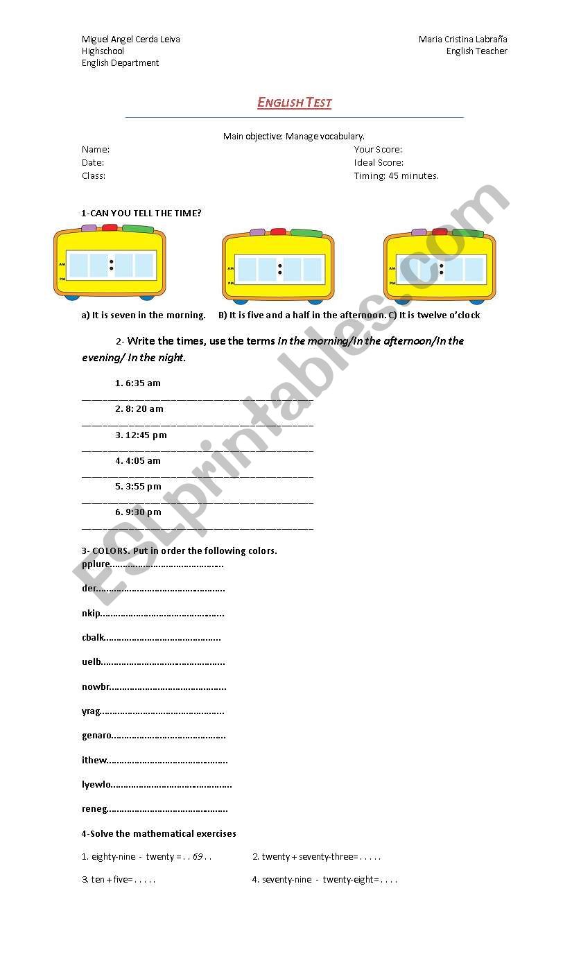 Vocabulary test worksheet