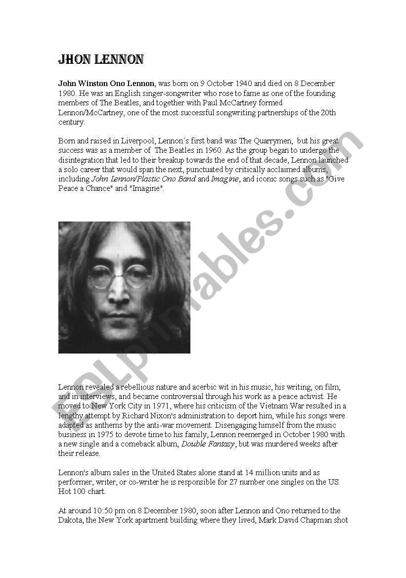 Jhon Lennon worksheet