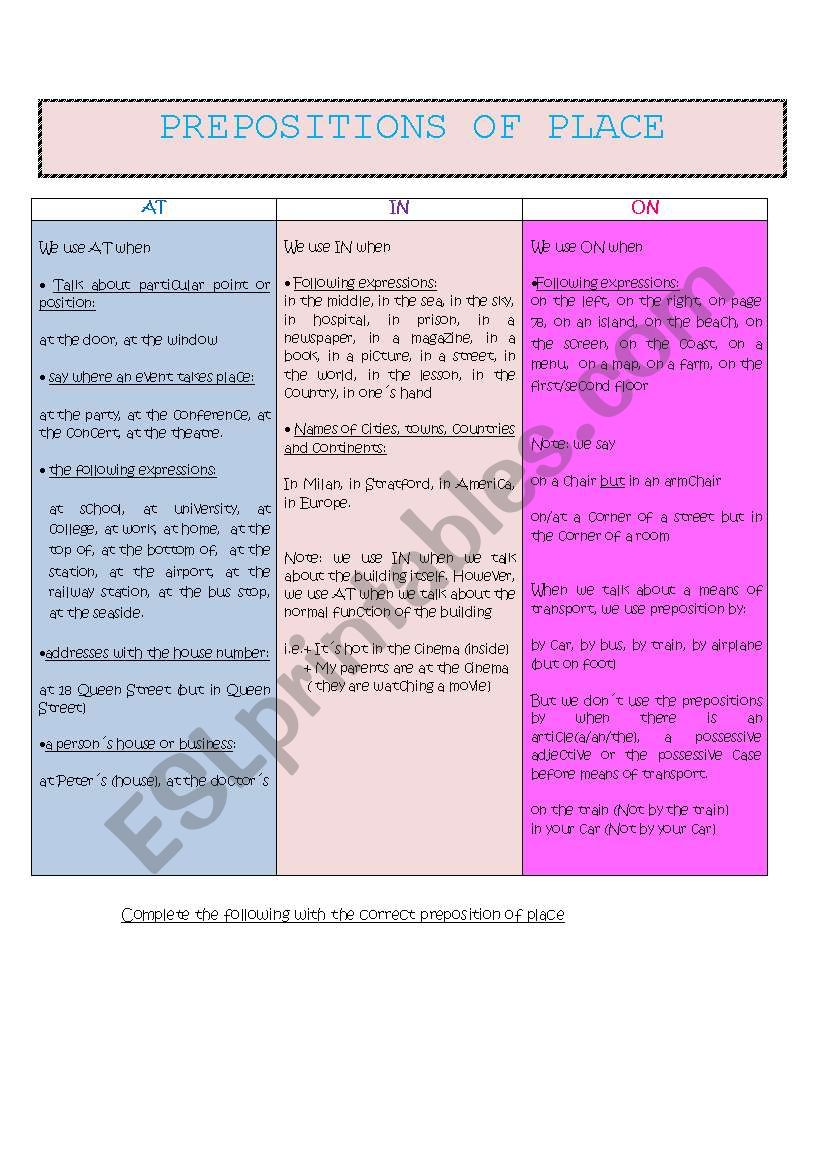 PREPOSITIONS OF PLACE worksheet