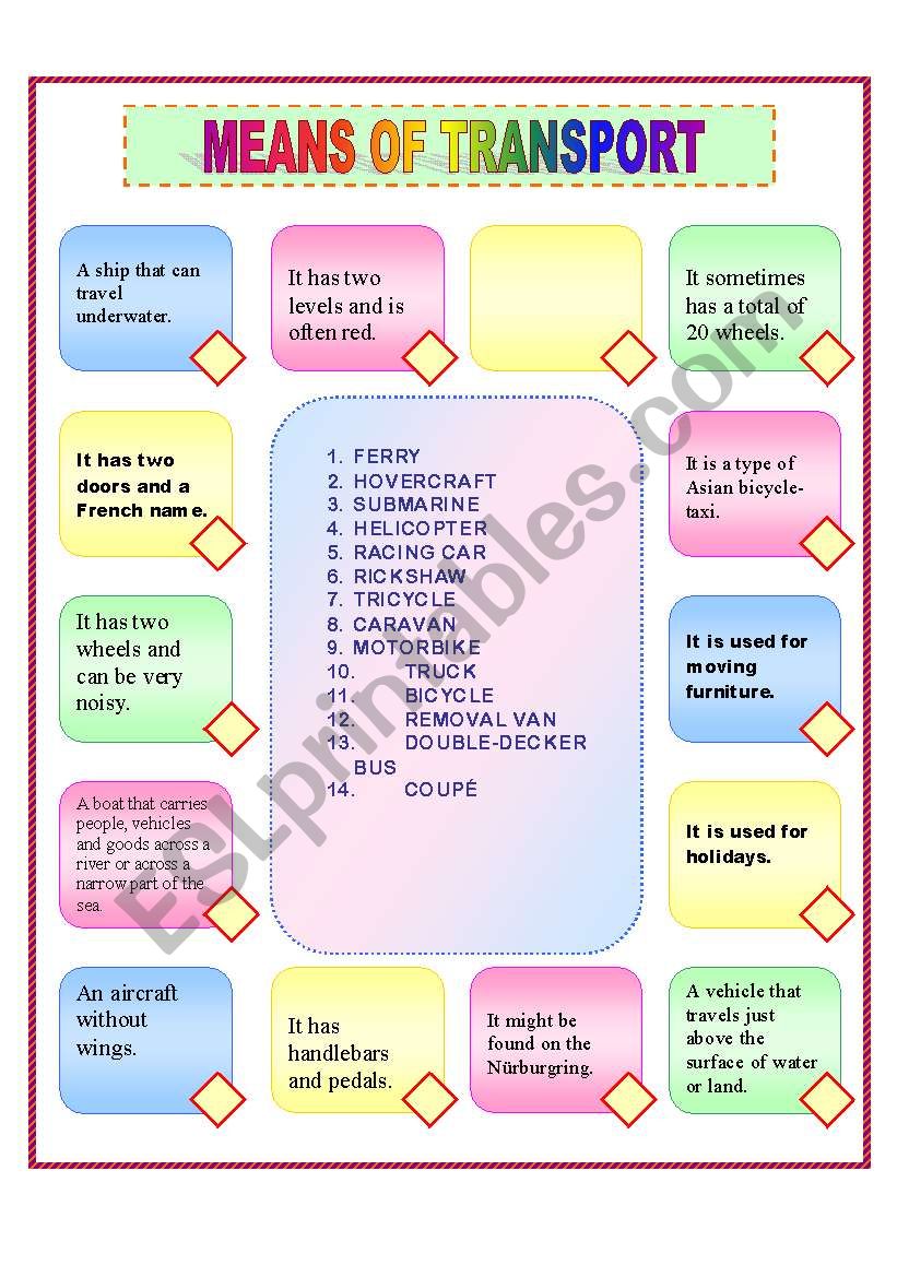 Means of transport worksheet