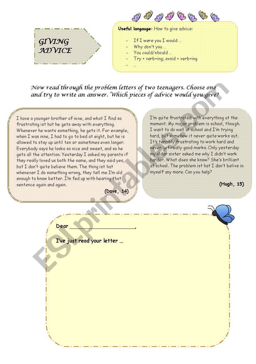 WRITING TASK: Giving advice worksheet