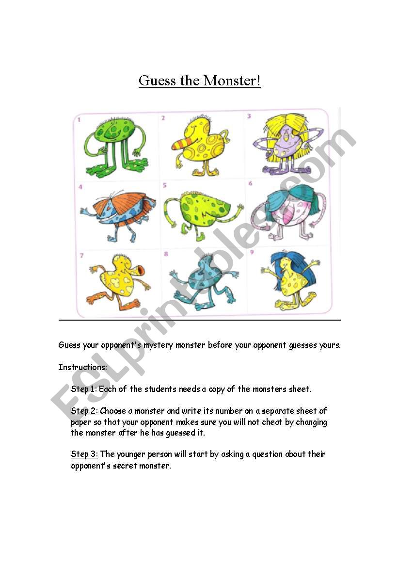 Guess the monster! worksheet