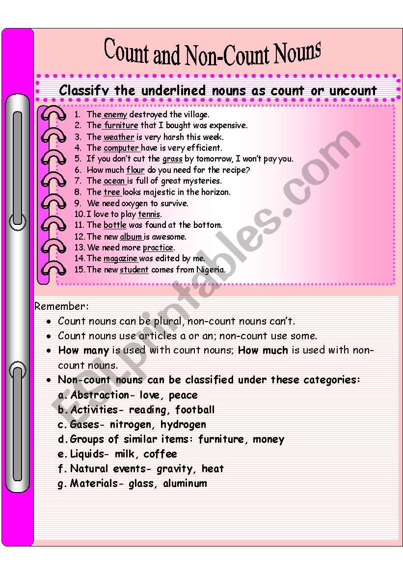 Count And Non Count Nouns Esl Worksheet By Mcolon