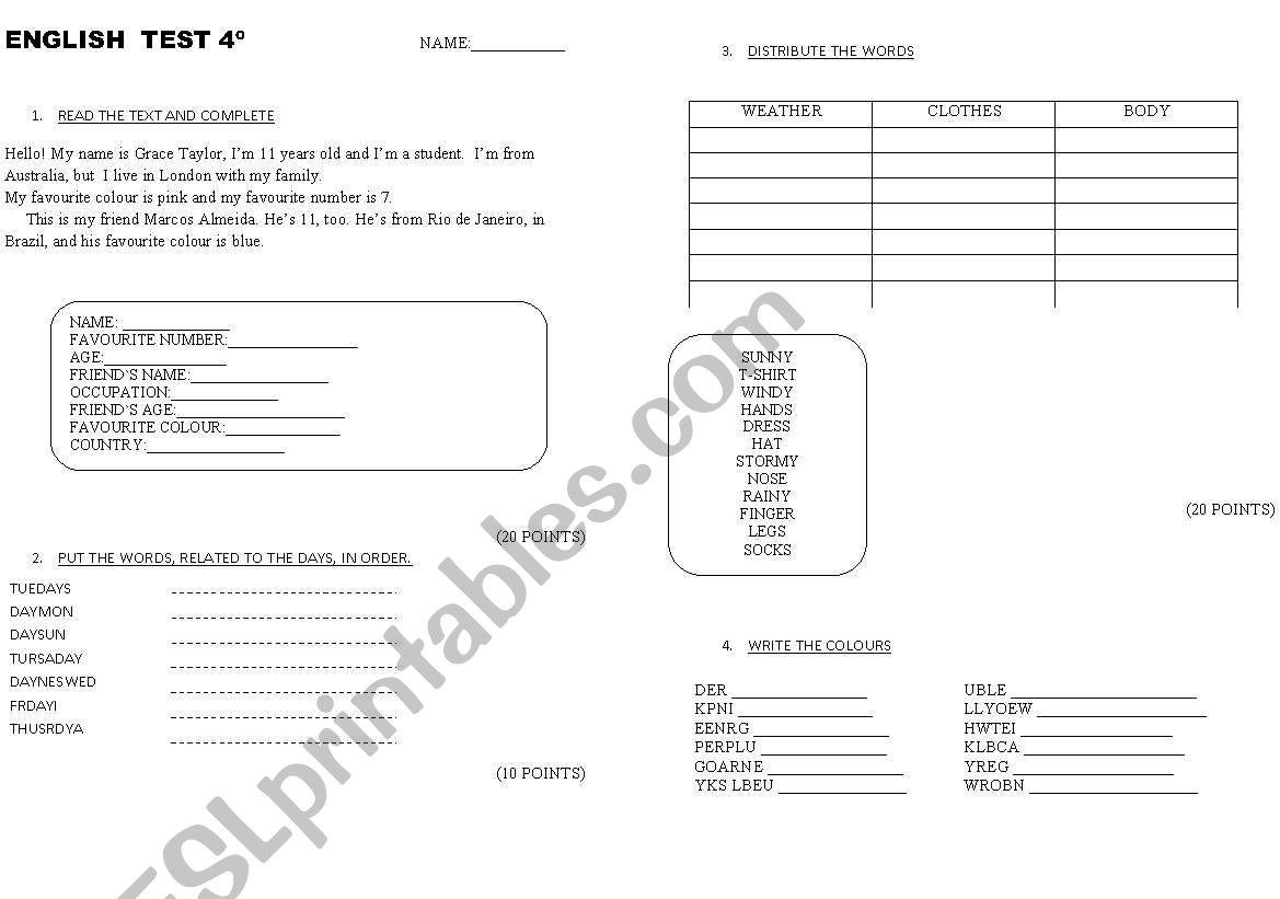 ENGLISH TEST 4TH GRADE worksheet