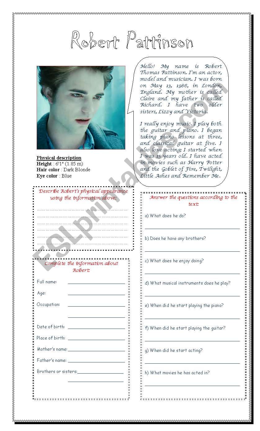 Reading: Robert Pattinson worksheet