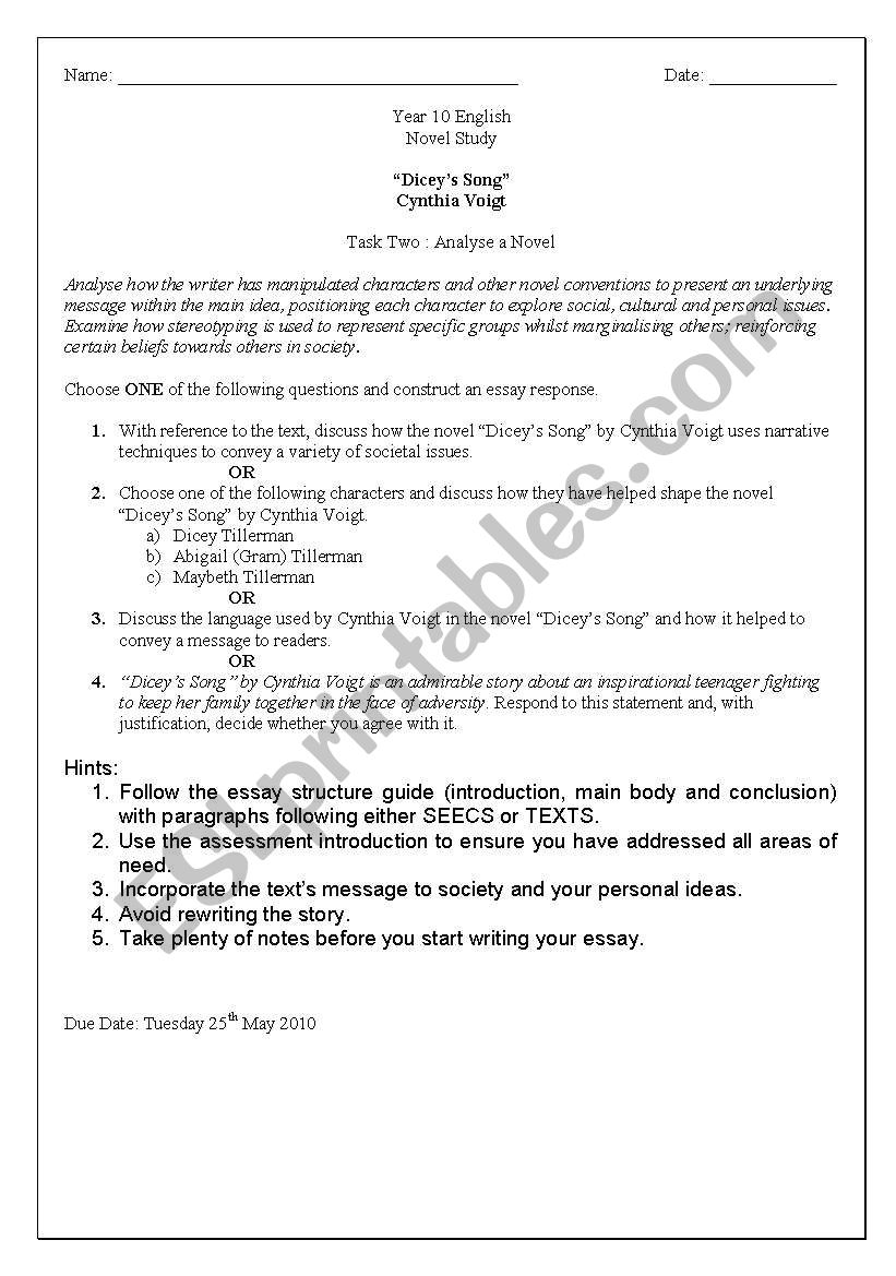 Dicey´s Song Task 2 Essay Writing
