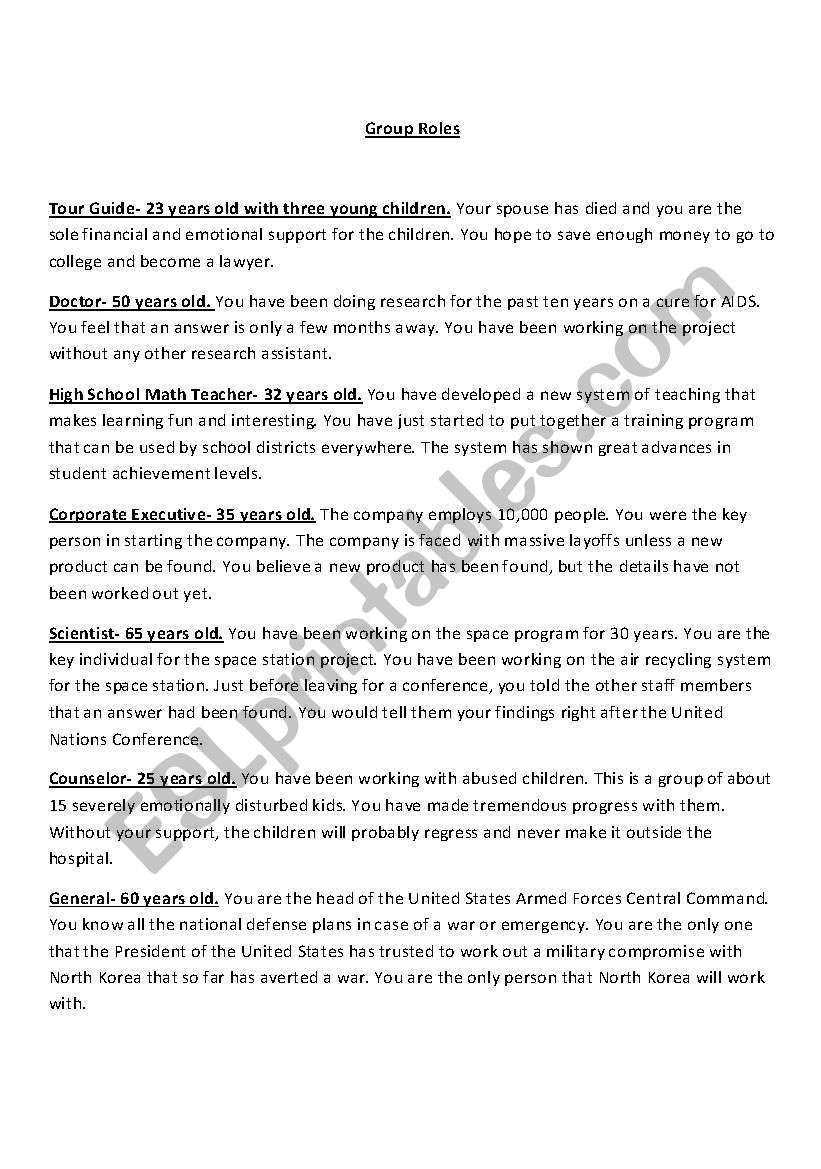 Earthquake ROle Playing Game worksheet