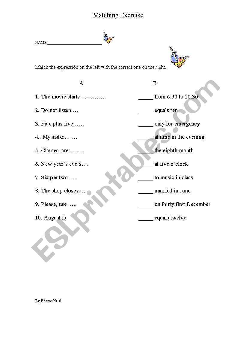 matching exercise worksheet