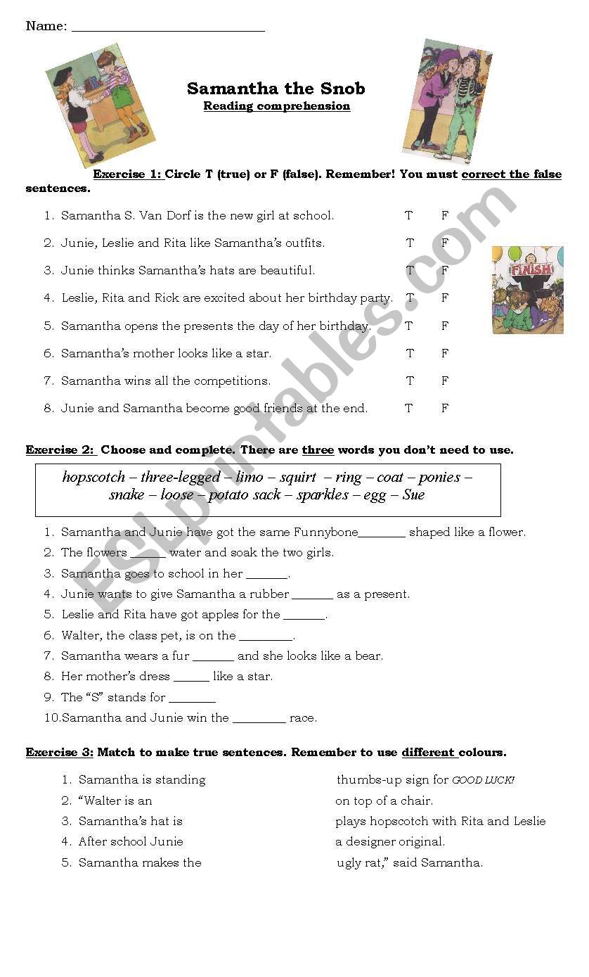 Samantha the Snob test worksheet