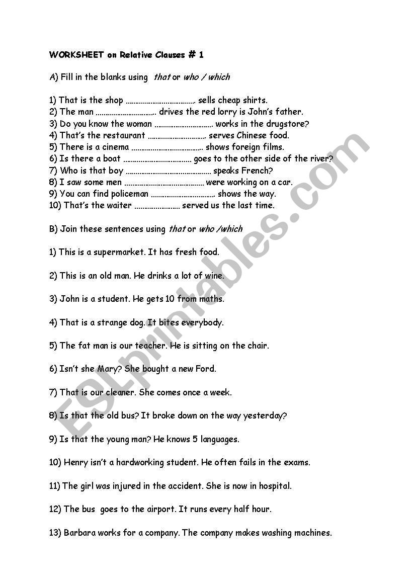 relative clause  worksheet