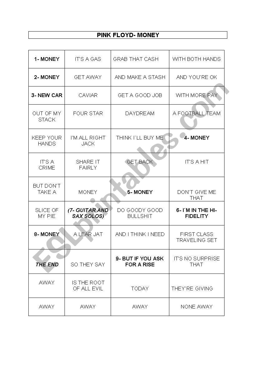 MONEY- PINK FLOYD worksheet