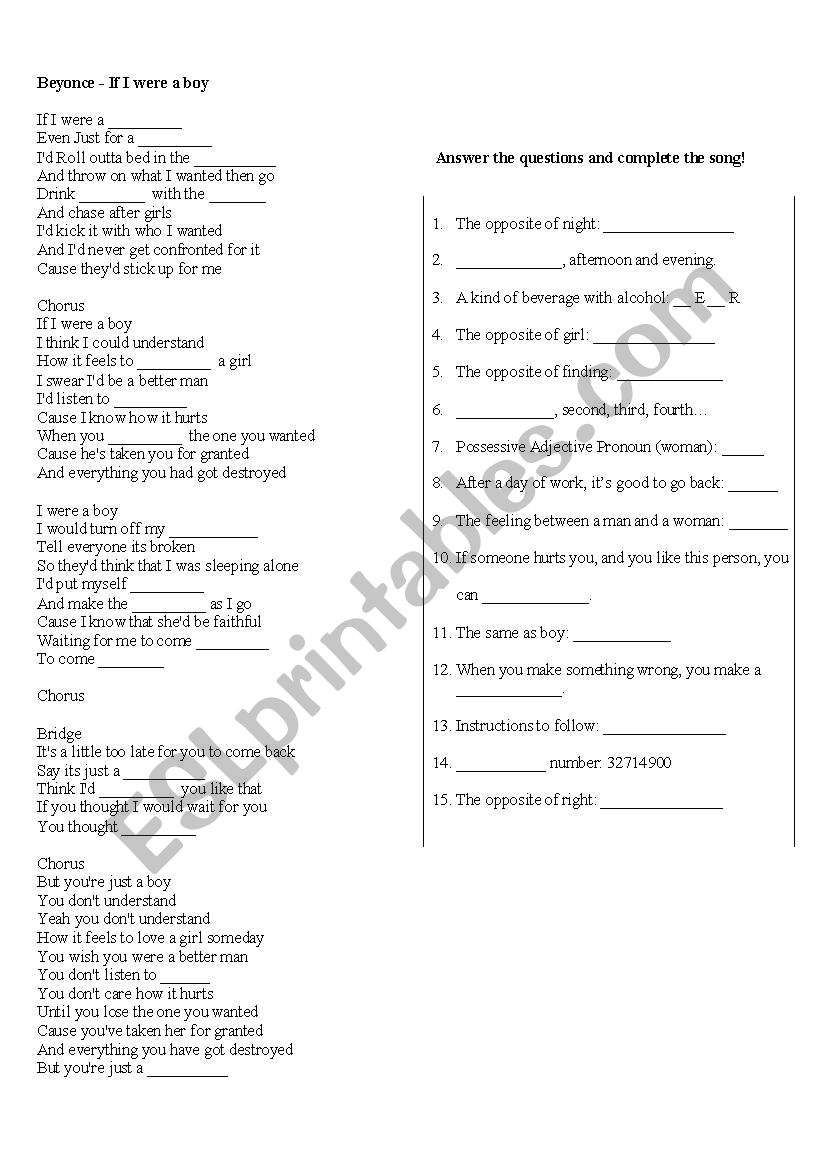 Beyonce - If I were a boy worksheet