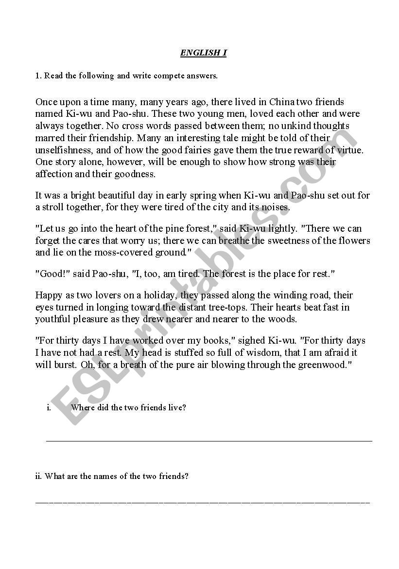 English revision for grade 5 worksheet