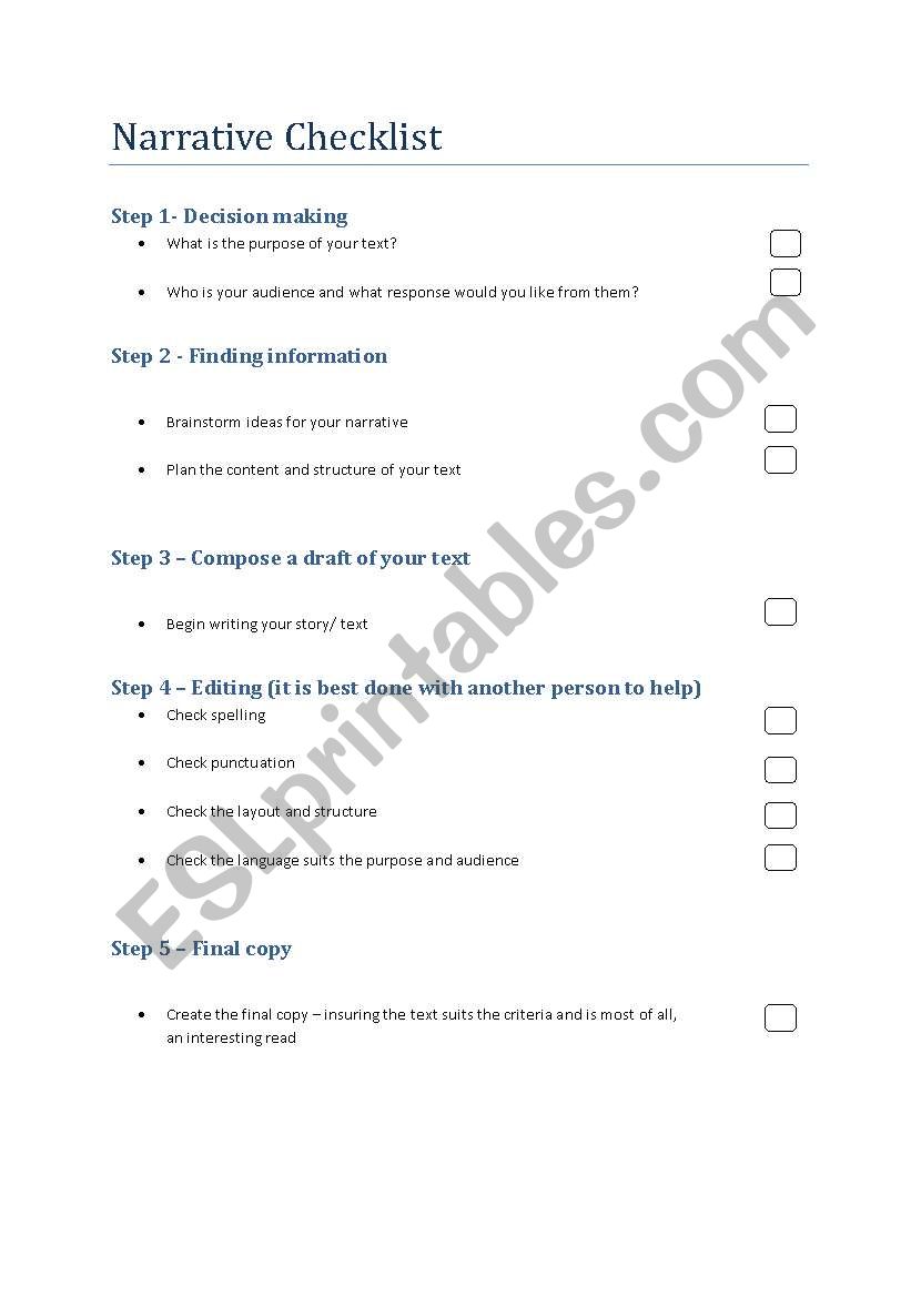 Narrative Checklist worksheet