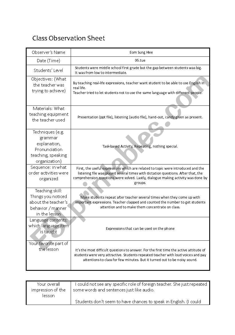 class observation worksheet