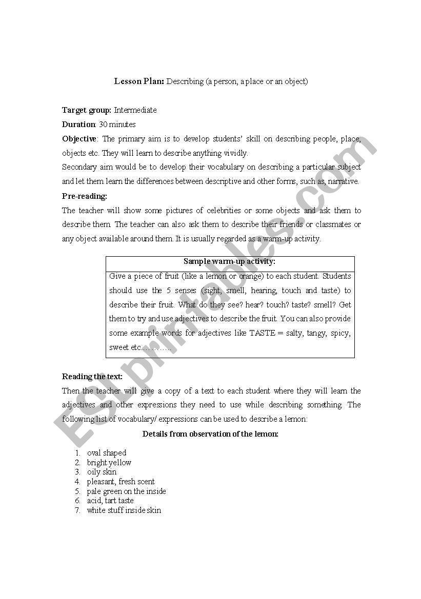 lesson plan describing place or object.