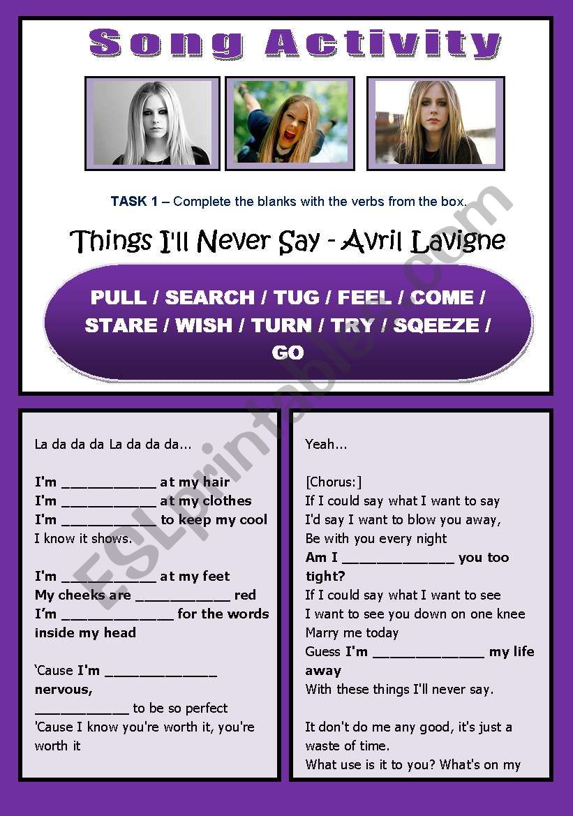 SONG ACTIVITY - Things Ill Never Say (Avril Lavigne) - Present Continuous