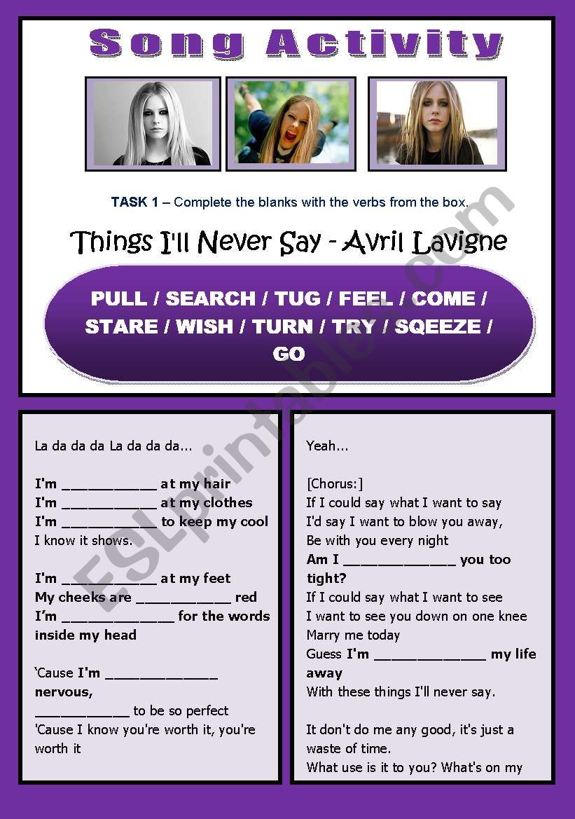 SONG ACTIVITY - Things IÂ´ll Never Say (Avril Lavigne) - Present Continuous