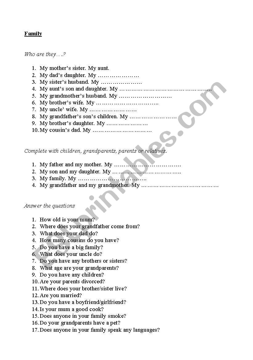 Family possessive s worksheet