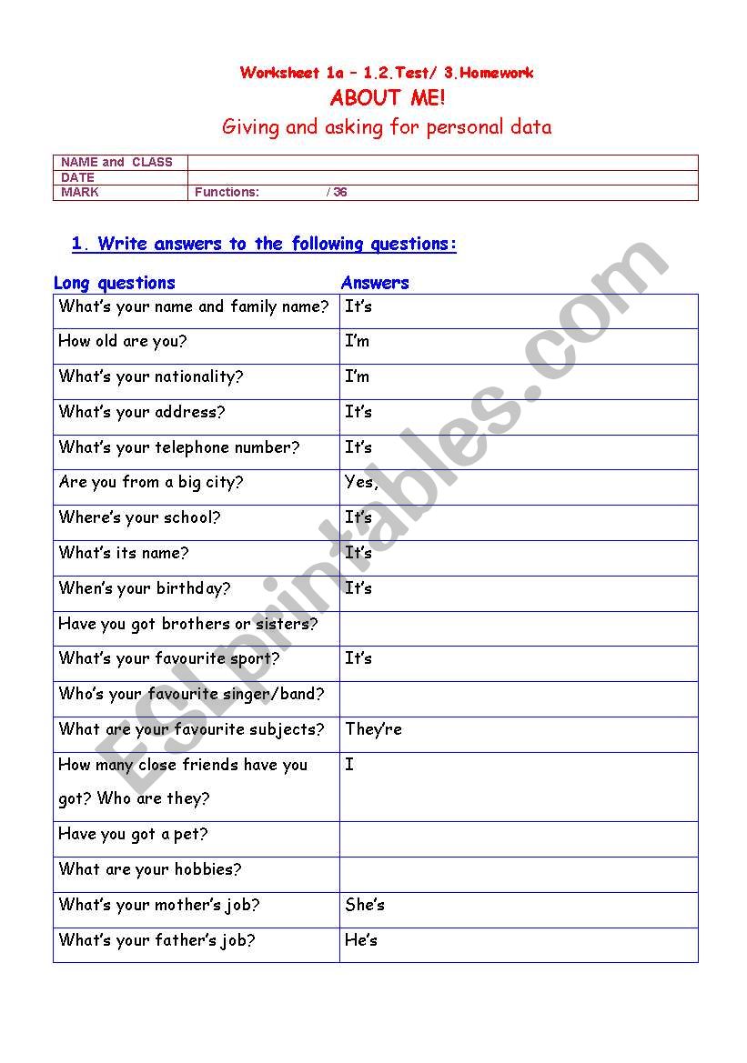 About me! worksheet