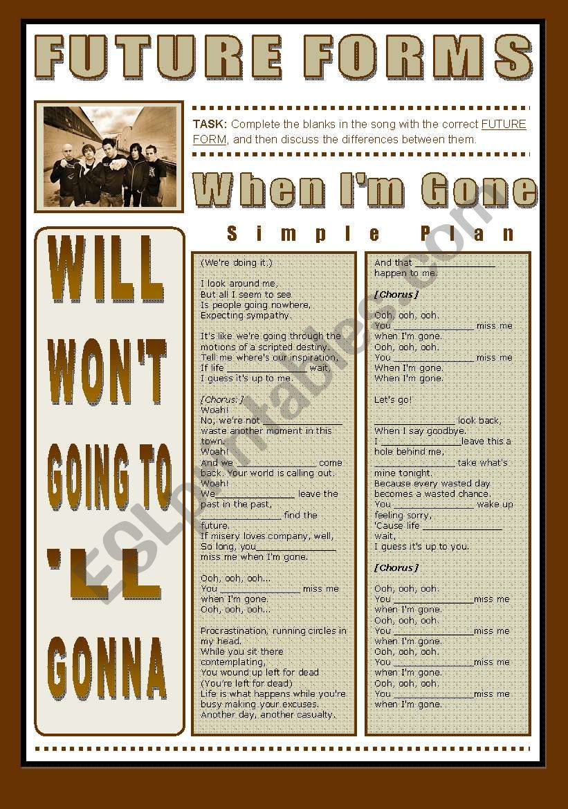 SONG ACTIVITY - When I´m Gone (By Simple Plan) - Future Forms - ESL ...