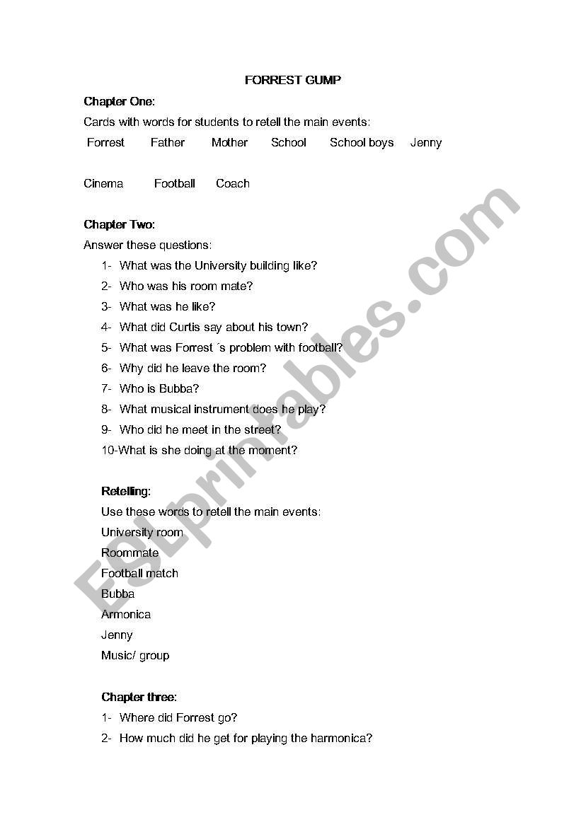 FOREST GUMP(BOOK) worksheet