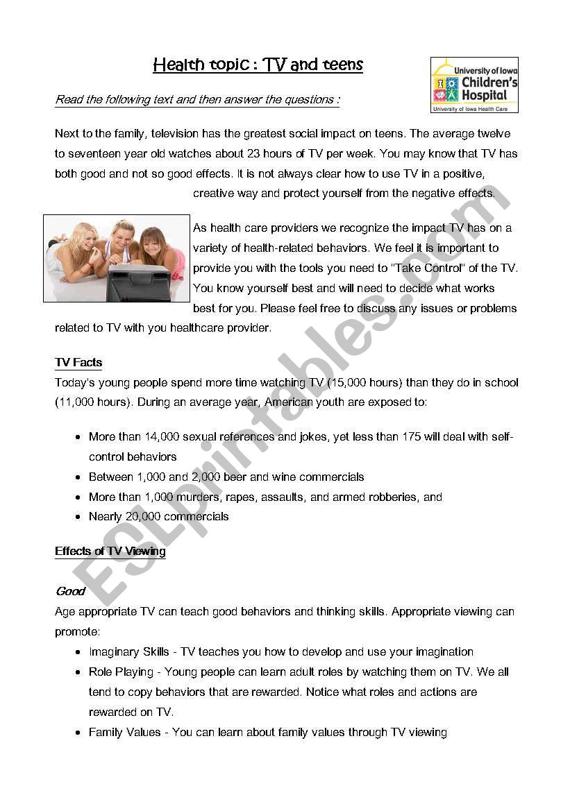 Health topic : teens and TV worksheet