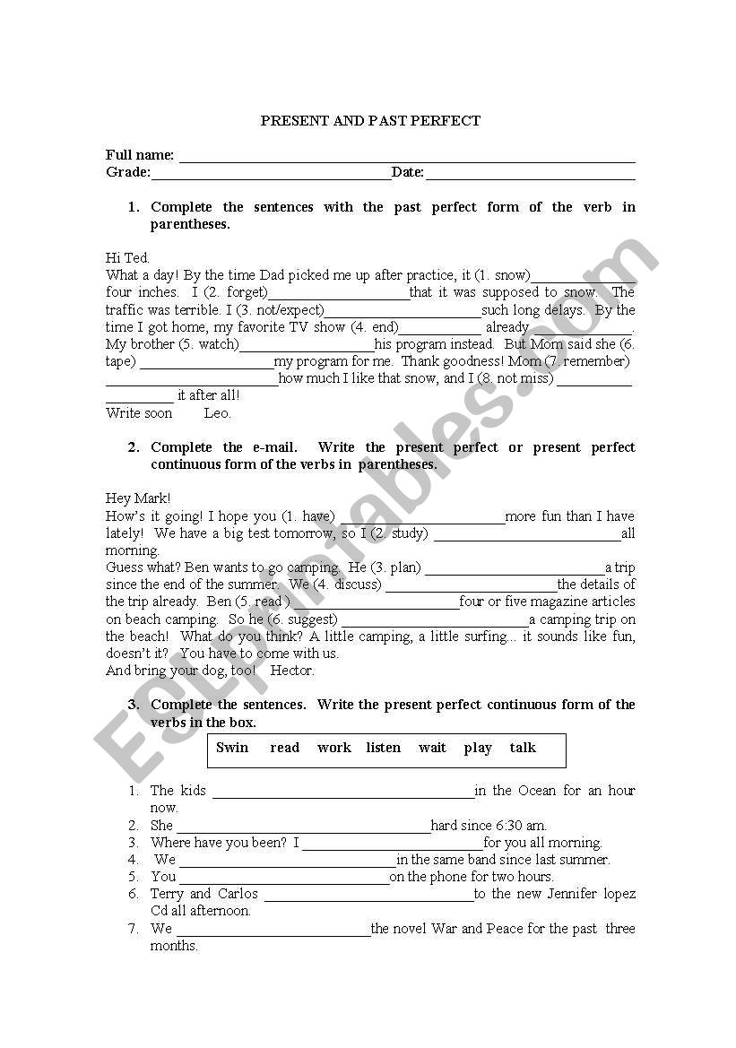 PRESENT AND PAST PERFECT worksheet