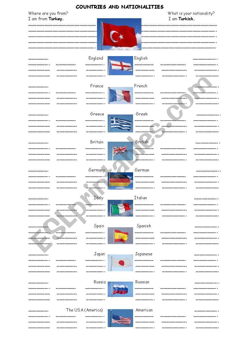 COUTRIES AND NATIONALITIES worksheet