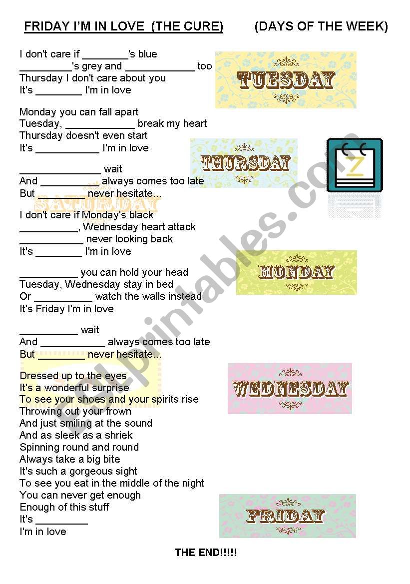 DAYS OF THE WEEK - SONG WORKSHEET