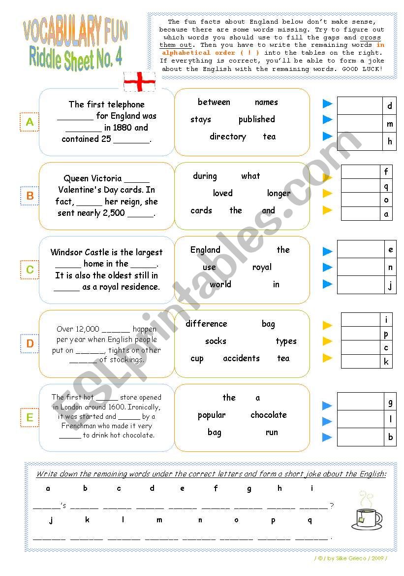 RIDDLE SHEET NO. 4  TOPIC: FUN FACTS ABOUT ENGLAND  READING AND WRITING ACTIVITY  KEY INCLUDED!!