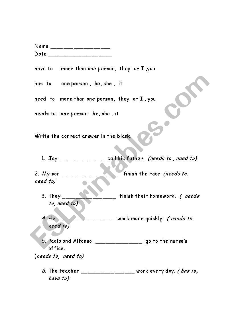 have, has need, needs worksheet