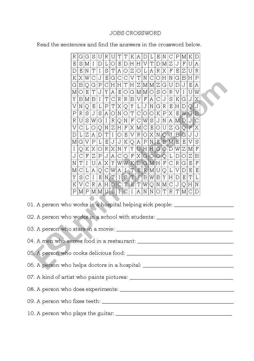 Jobs Crossword worksheet