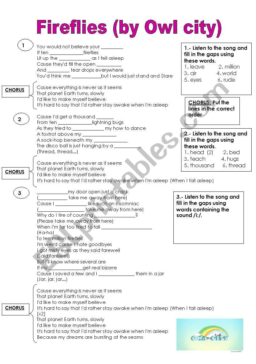 firefllies by owl city worksheet