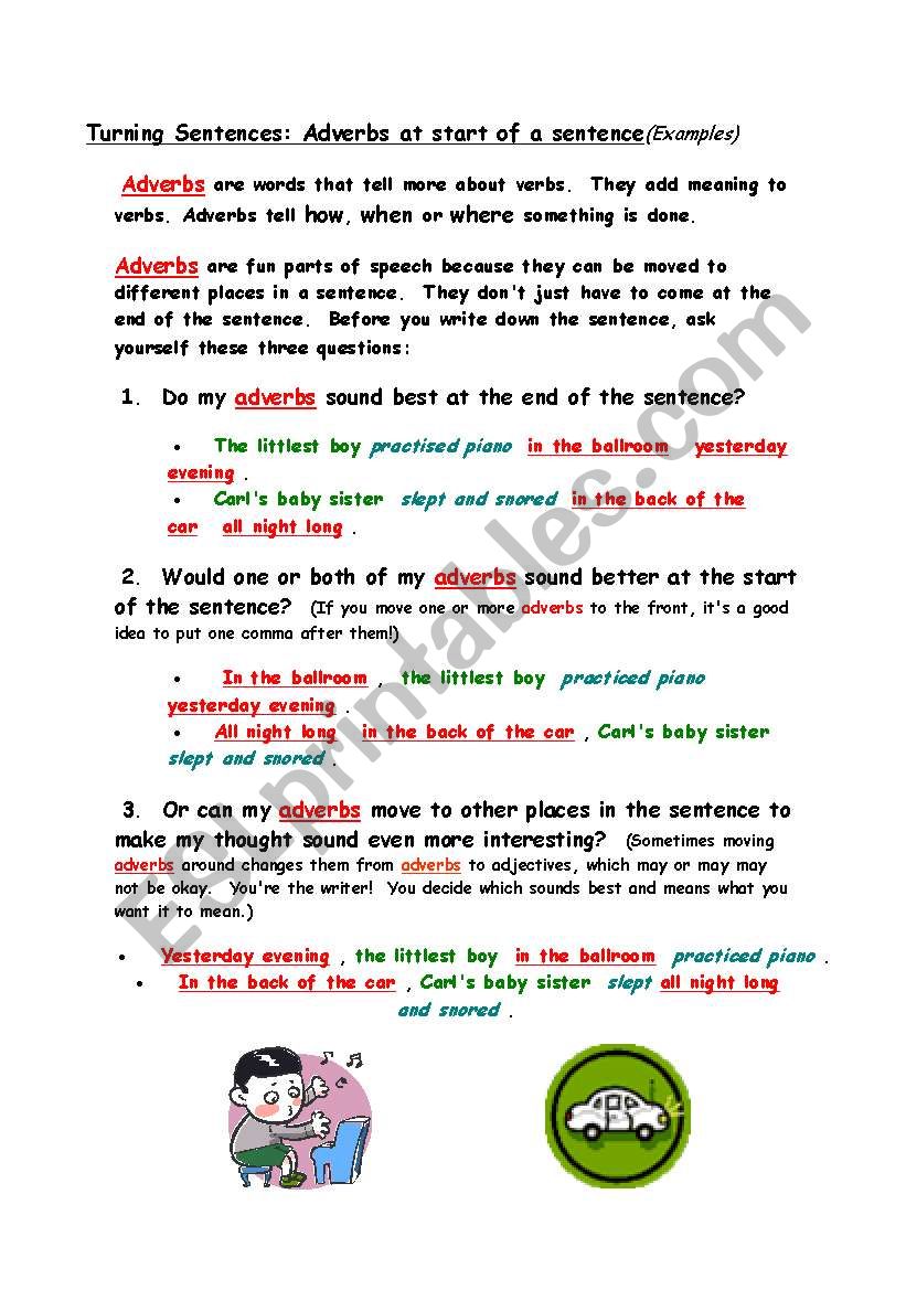 Turning Sentences Adverbs At The Start Of A Sentence ESL Worksheet By Carmie