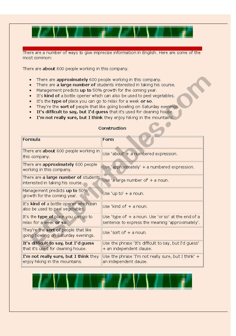 Vague Expressions worksheet