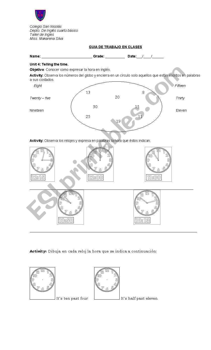 telling the time worksheet