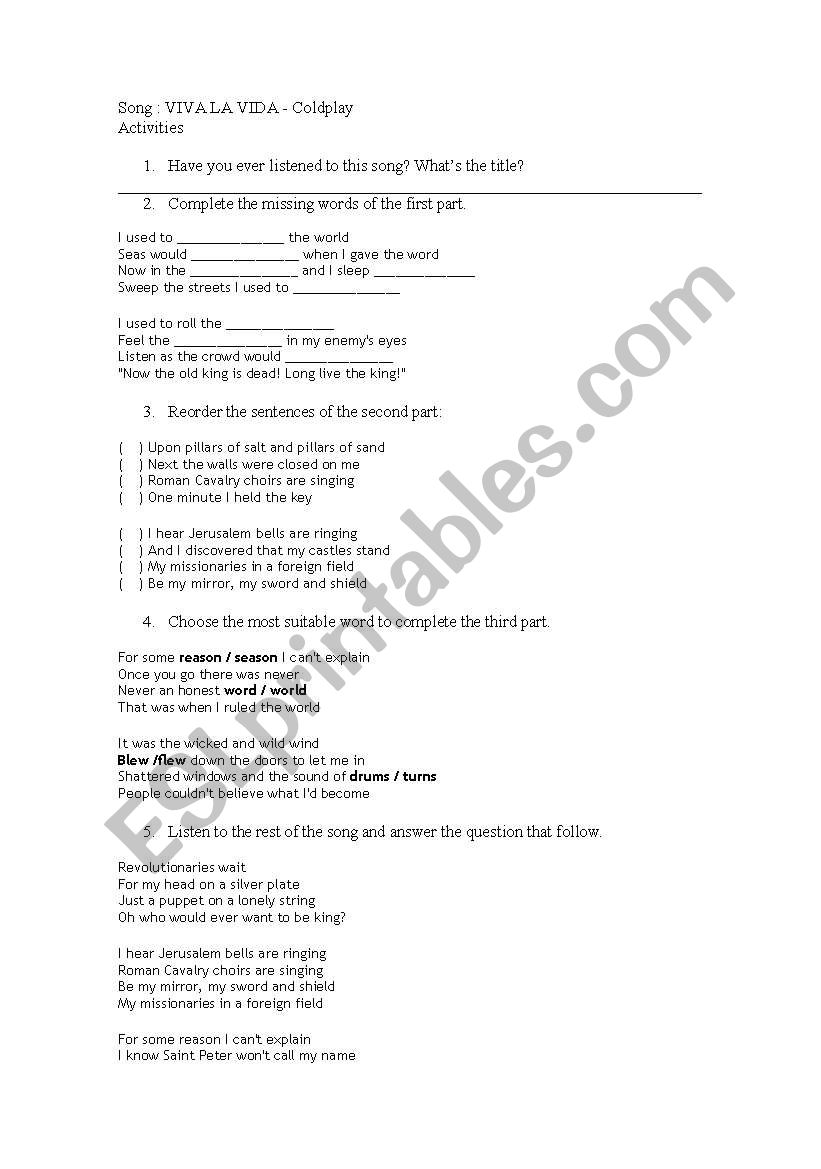 Song activity -  Viva la vida worksheet