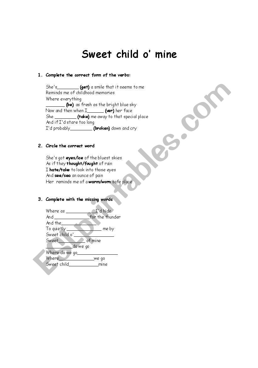 sweet child omine  worksheet