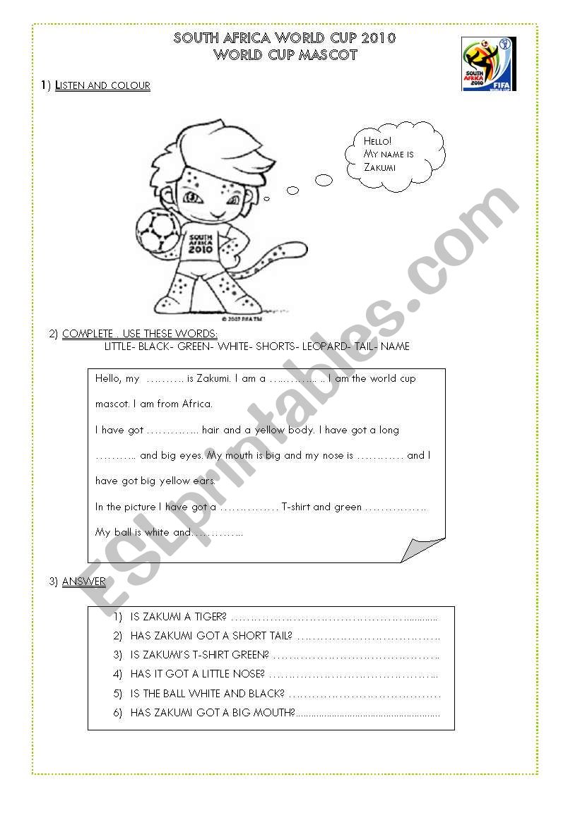 WORLD CUP MASCOT worksheet