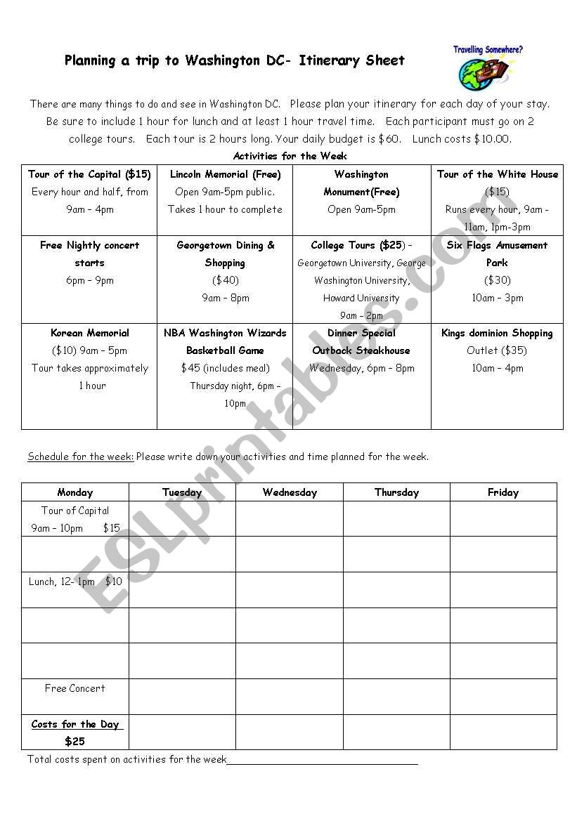 making plan - washington dc worksheet