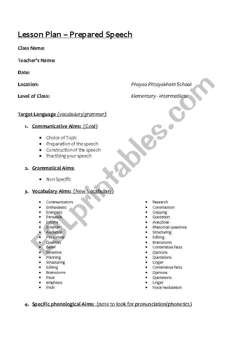 Prepared Speech worksheet