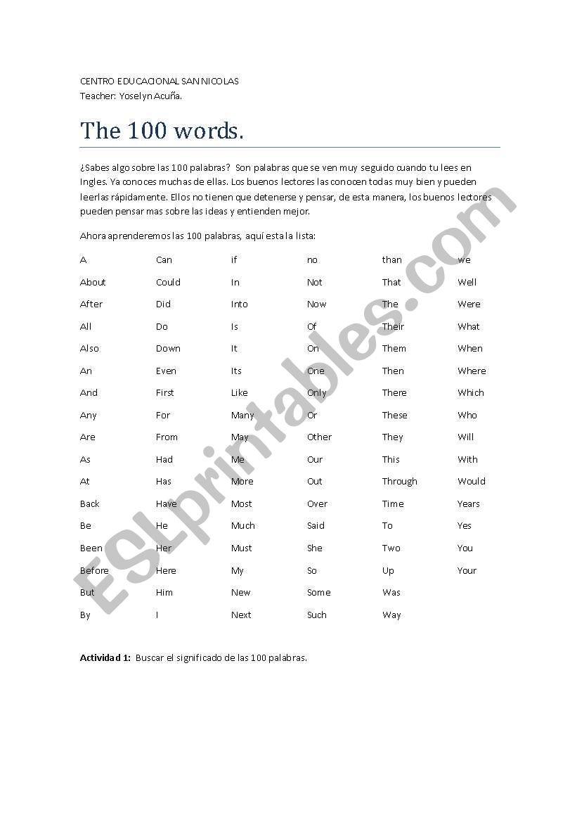 100 words worksheet
