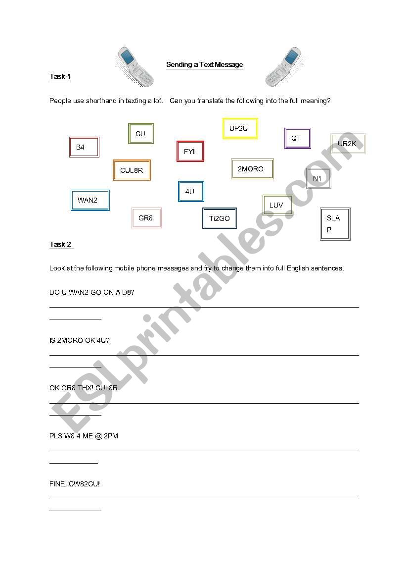 Sending a Mobile Text Message worksheet