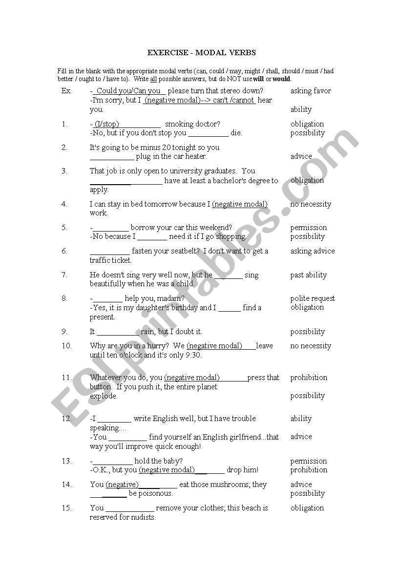 Modal Verbs Exercises worksheet