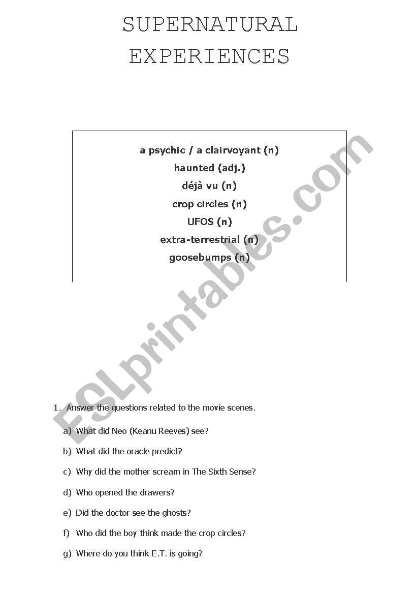 Supernatural Experiences worksheet