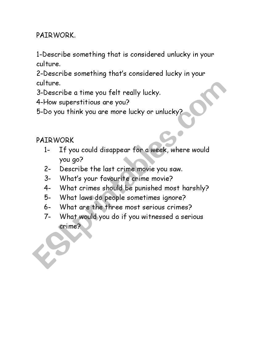 ORAL PAIRWORK worksheet