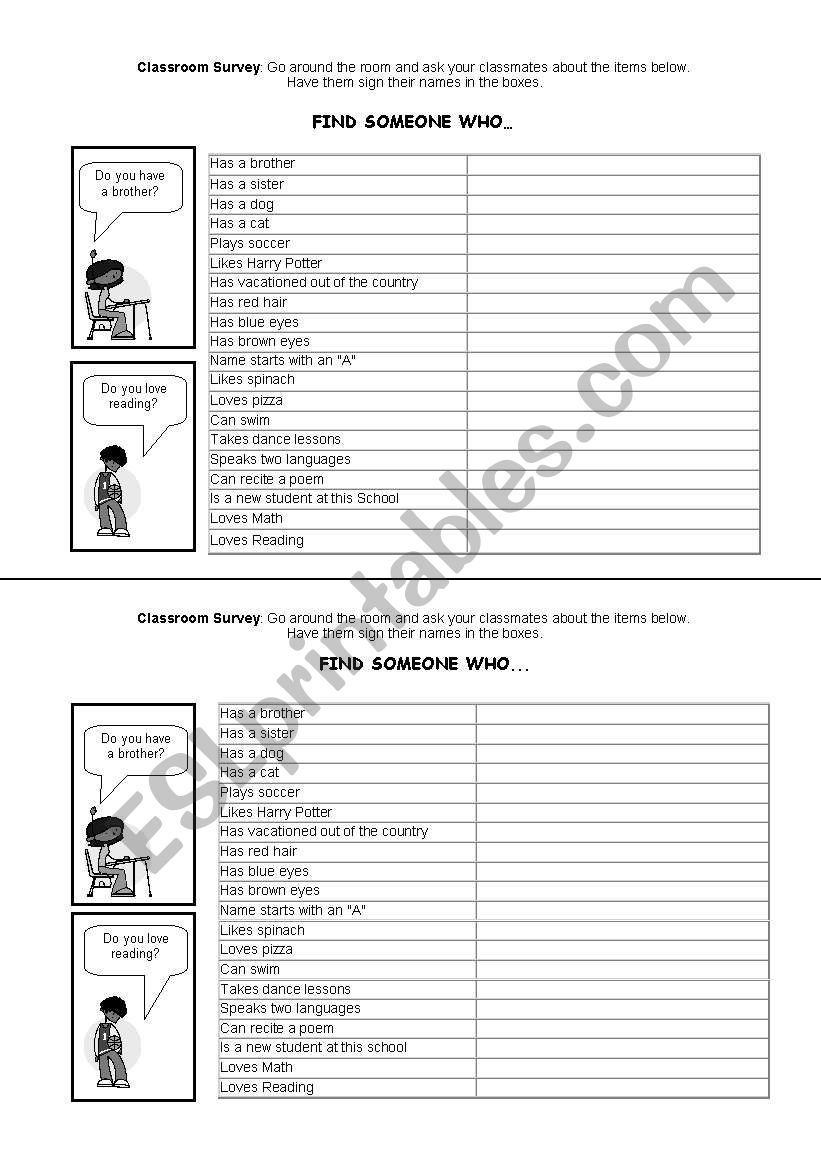 FIND SOMEONE WHO... - simple present interrogative practice