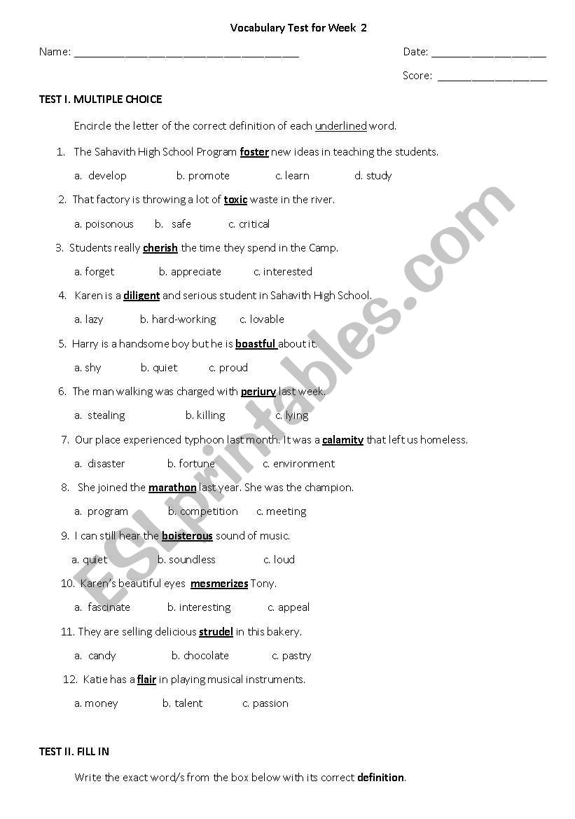 vocabulary test worksheet